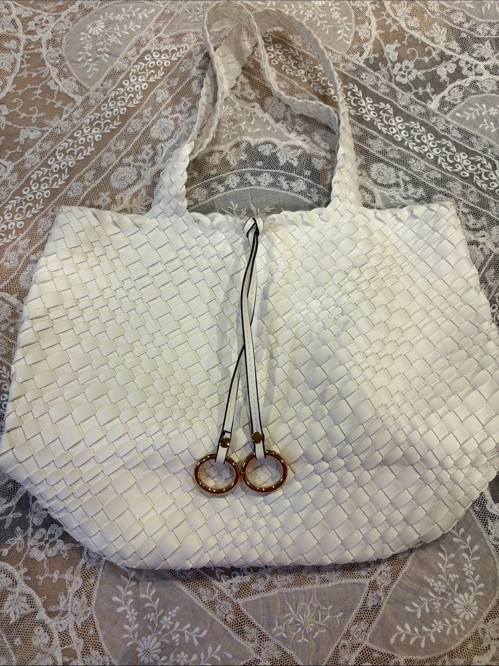 Woven White Tote Bag with Ring Accent